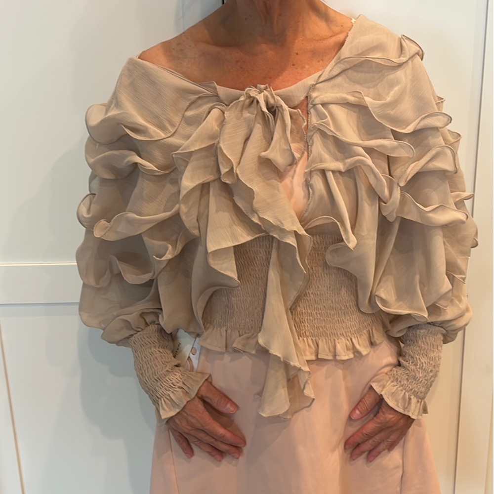 Commense Tan Ruffled Tie Front Long Sleeve Blouse